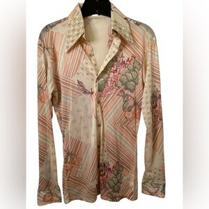 Chess King Vintage Floral Castle Print Button-Up Shirt